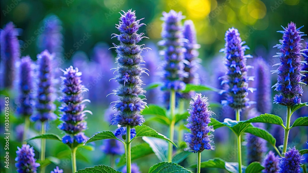 Fototapeta premium In a tranquil garden, the Agastache Anise Hyssop Blue Fortune radiates serenity, its vibrant hues and fragrant aroma inviting peaceful contemplation amidst the natural beauty.