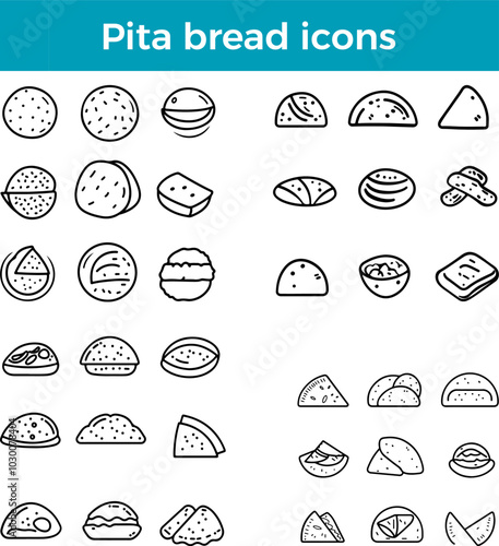 Pita bread icons line Middle Eastern flatbread vector traditional food pocket bread cuisine illustration set