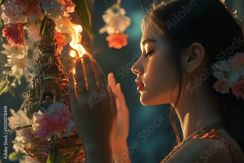 A young woman clasps her hands and prays for happiness and good love. On the night of Loi Krathong