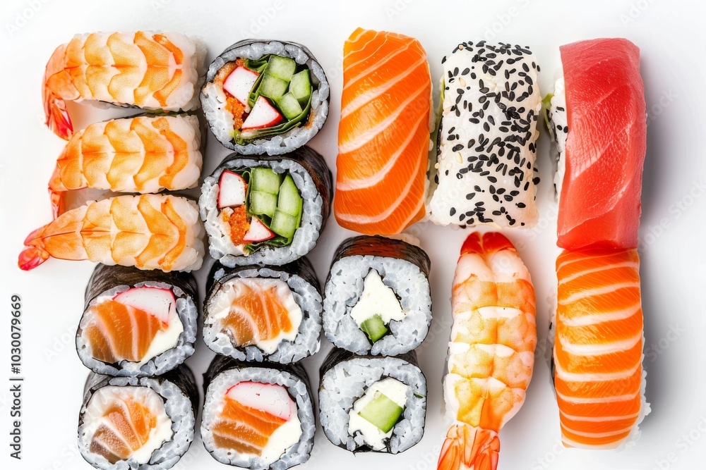 Big Set of Various Maki Sushi Isolated on White Background Top View. Baked Norimaki Rolls Big Set of Various Maki Sushi Isolated on White Background Top View. Baked Norimaki Rolls