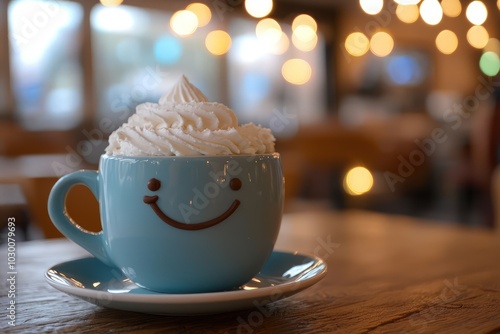 A cheerful coffee mug with a whipped cream smile rests on a saucer in a cozy caf?(C).