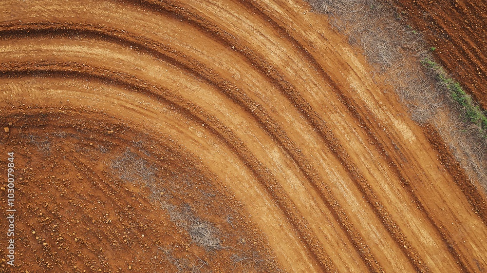 Fototapeta premium 2410_119.top-down view of prepared cropland, serpentine tractor marks, warm sienna soil tones, vibrant grassy perimeter, agricultural geometry, fertile ground ready for planting
