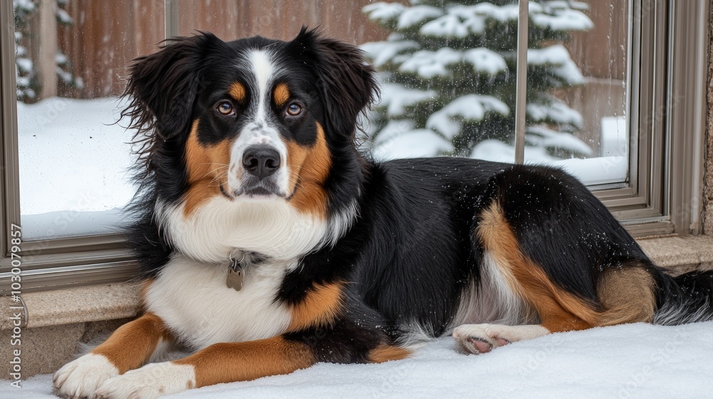 Dog in Snow by Window. Dog in Snow by Window.