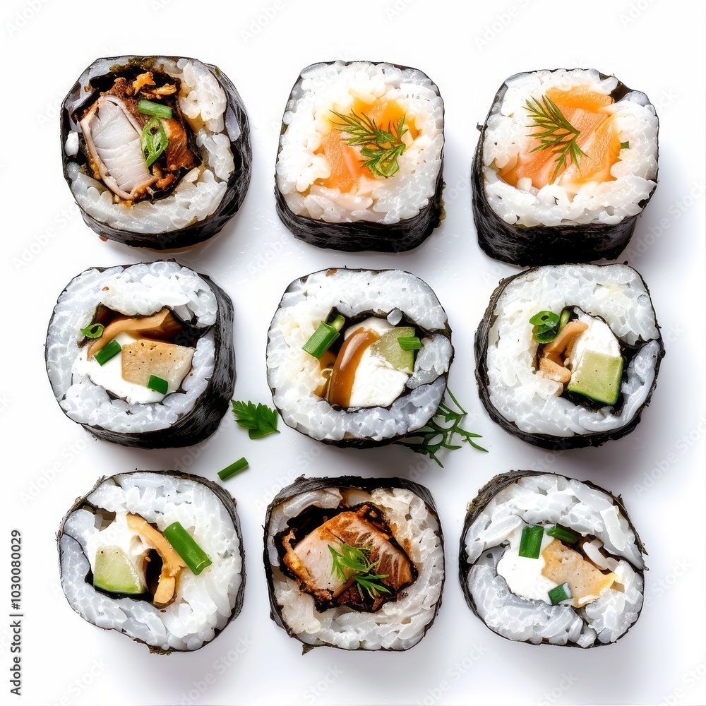 Sushi Rolls Set with Salmon, Shrimps, Cucumber and Philadelphia Cream Cheese Isolated on White Sushi Rolls Set with Salmon, Shrimps, Cucumber and Philadelphia Cream Cheese Isolated on White
