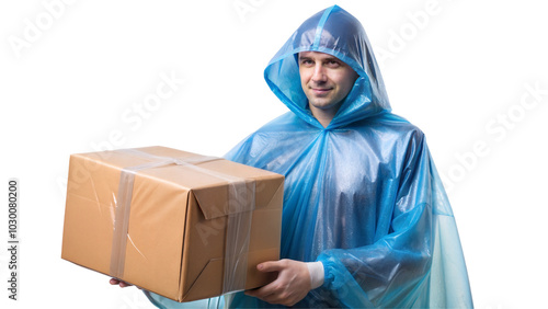Man wearing a blue poncho holding a cardboard box. Isolated on a transparent or white background.