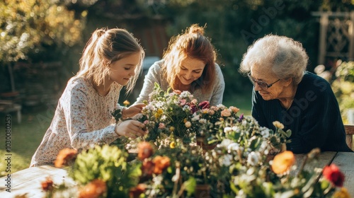 Three Generations Arranging Fresh Flowers Together