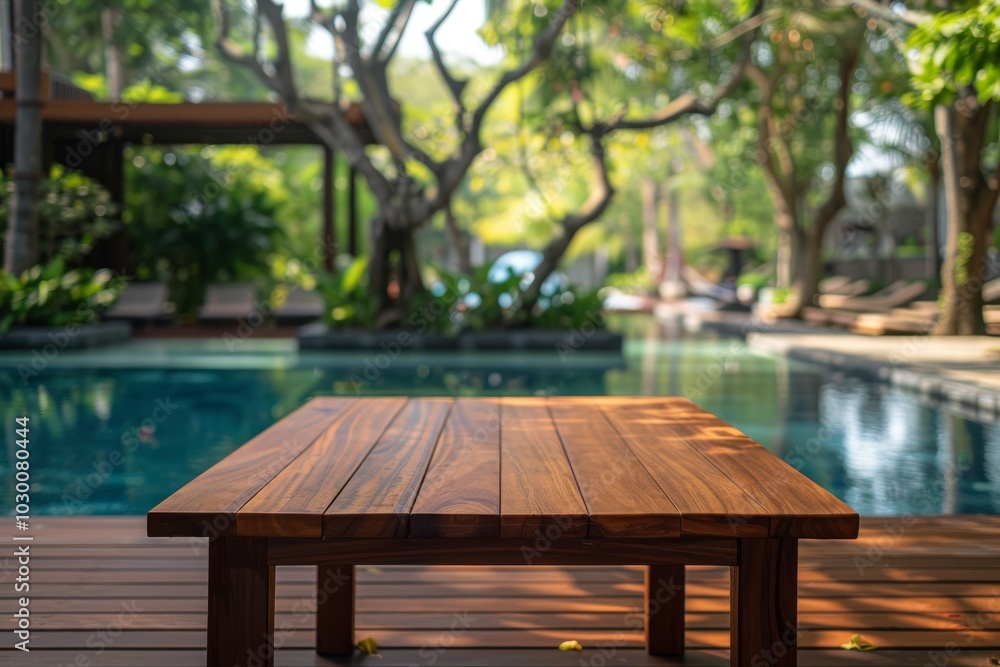 Obraz premium Table Pool Mockup, Wooden Background Space by Hotel Swimming Pool Bar, Copy Space