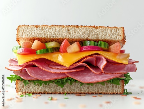 Lifelike Sandwich Creation with Layers of Fresh Ingredients Ideal for Food Photography, Culinary Inspiration, Marketing, and Blogging Stock Images photo