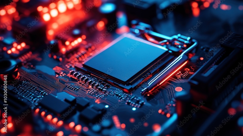 Closeup of a Motherboard with Red and Blue Lighting Closeup of a Motherboard with Red and Blue Lighting