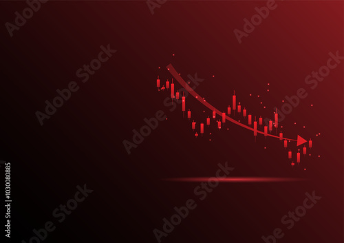 Economic critical crisis concept. The lower line graph and shiny on red background. Recession financial, cryptocurrency, gold, and the stock market. Losing money and cash. Bearish.