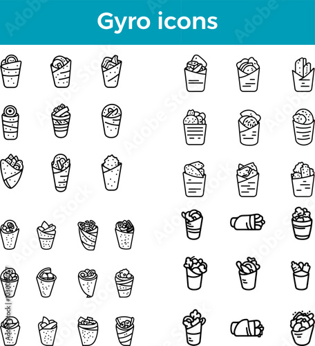 Gyro icons line Greek sandwich wrap grilled meat pita bread vector traditional food cuisine illustration set