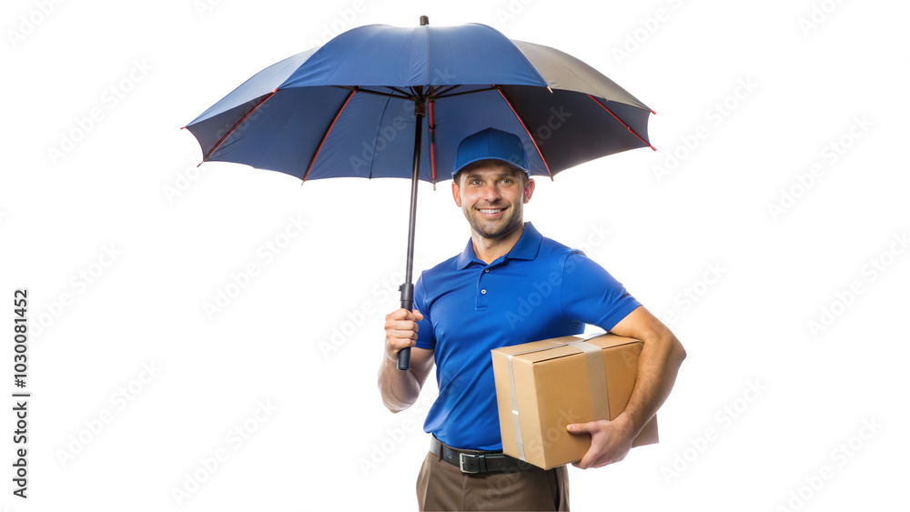 Delivery man holding a cardboard box and an umbrella. Isolated on a transparent or white background. Delivery man holding a cardboard box and an umbrella. Isolated on a transparent or white background.