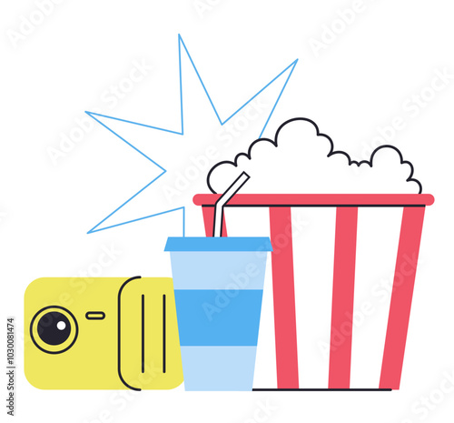 Popcorn with soda pop and projector