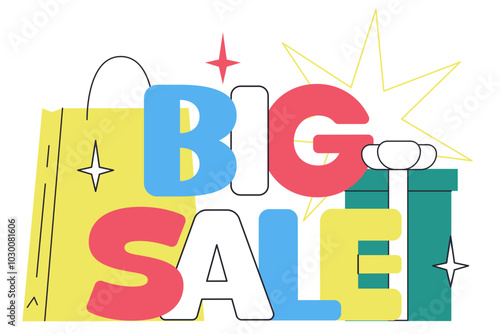 Lettering Big Sale with bag and gift box text