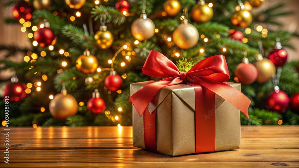 Festive Christmas scene with a joyful mood featuring a beautifully wrapped gift with orange bow against a decorated Christmas tree background Festive Christmas scene with a joyful mood featuring a beautifully wrapped gift with orange bow against a decorated Christmas tree background