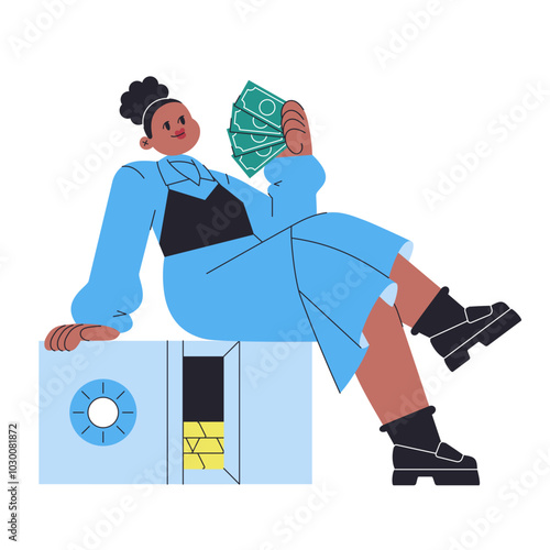 Wealthy woman sitting on a safe