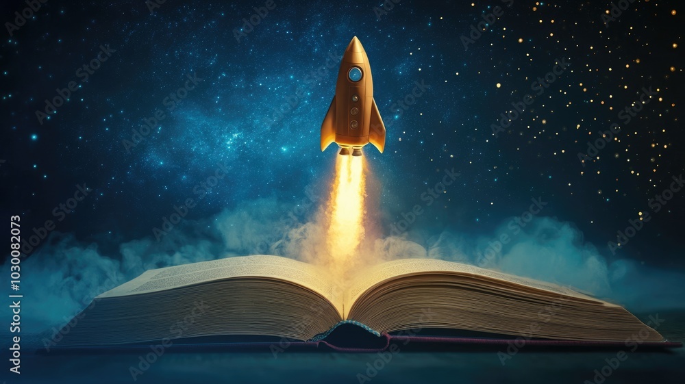 Naklejka premium Open book with glowing rocket launching from it into starry night sky, symbolizing imagination and exploration