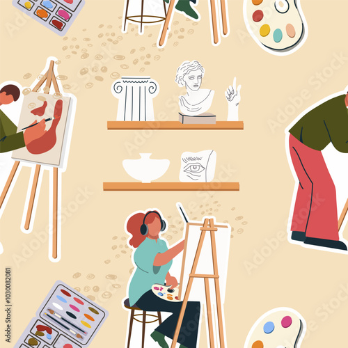 Seamless pattern with art supplies, hand drawn style. Art workshop, fine art, hobby, pastime. Trendy modern vector illustration, flat design.