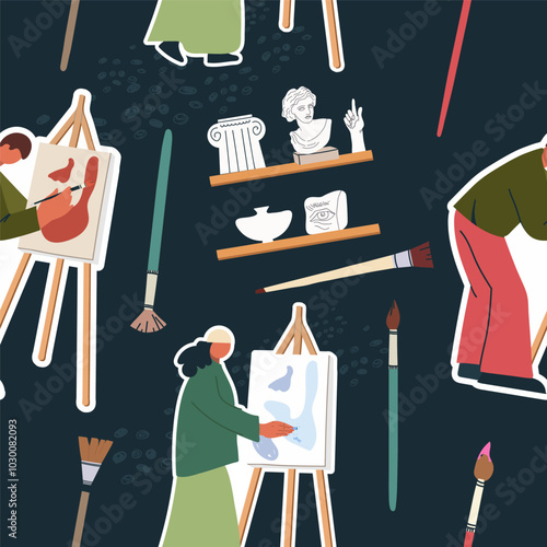 Seamless pattern with art supplies, hand drawn style. Art workshop, fine art, hobby, pastime. Trendy modern vector illustration, flat design.