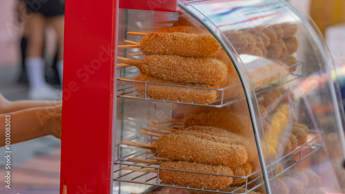 Photography Crispy breaded corn dogs displayed in a warming cabinet at an outdoor food stall
