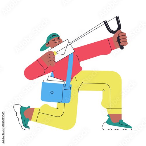 Mailman shooting letter with slingshot