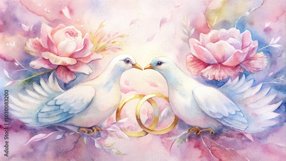 Fototapeta premium Doves with Wedding Rings and Pastel Floral Background