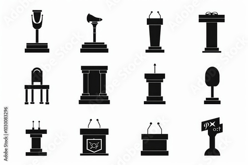 Speech stand icon, podium and microphone in conference room, speaker tribune, lecture stand