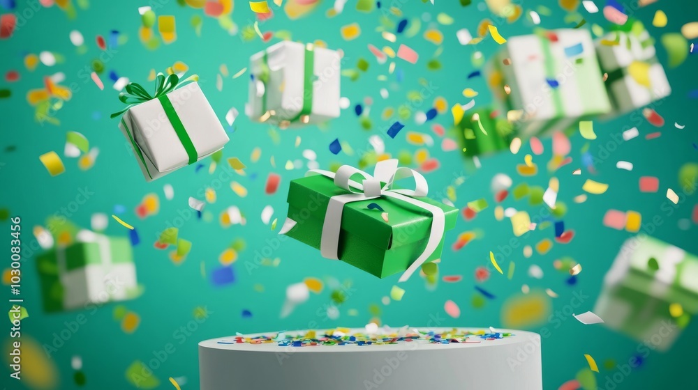 A cheerful scene of green and white gift boxes with ribbons, levitating above a podium, with colorful confetti falling around A cheerful scene of green and white gift boxes with ribbons, levitating above a podium, with colorful confetti falling around