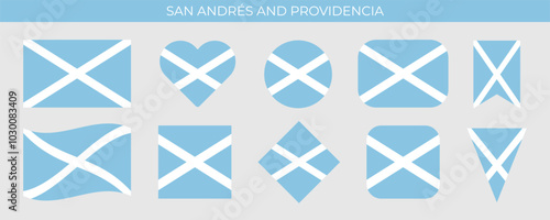 San Andres and Providencia flag collection. Flag of the Colombian region in various shapes. Vector illustration isolated on white background