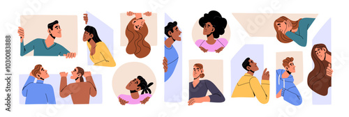 People peeking out set. Curious suspicious characters hide, looking out behind walls. Interested men and women peep, staring, sneaking. Curiosity concept. Flat isolated vector illustrations on white