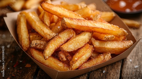 Golden Rustic French Fries Piled High in Kraft Box