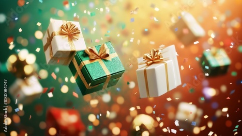 Green and white gift boxes gracefully levitate above a platform, surrounded by shimmering confetti on a vibrant background