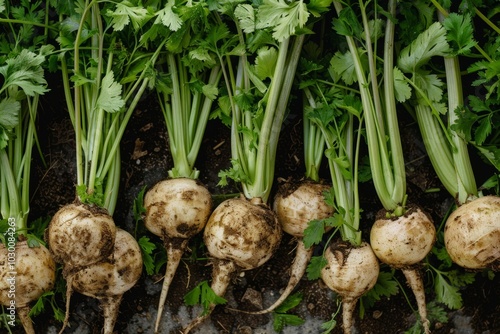 Tubers of turnip rooted chervil textured background, rutabaga pattern, white radish banner, root vegetables photo