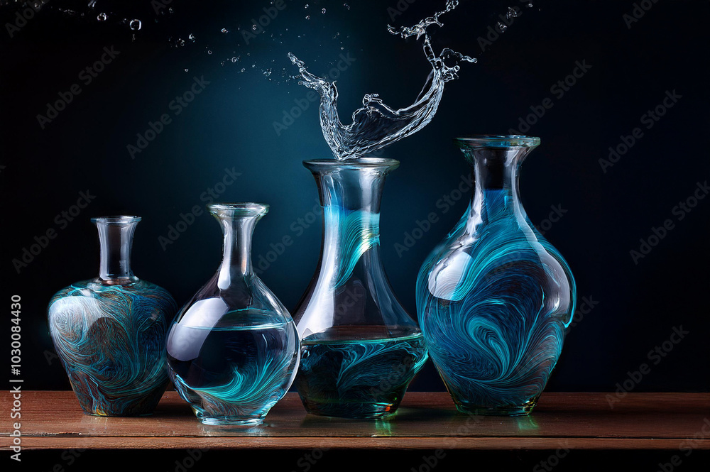 Verschiedene Flaschen aus Glas mit Wasserschwall
