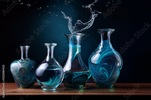 Obraz na płótnie Verschiedene Flaschen aus Glas mit Wasserschwall w salonie
