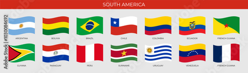 A set of wave-shaped flags of South American countries. Detailed national flags of South America countries, including small states and dependent territories. Vector illustration