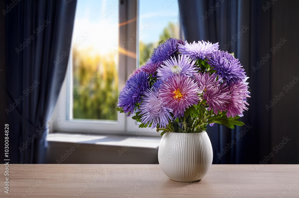 Vase mit Bluzmen , im Hintergrund ein Fenster