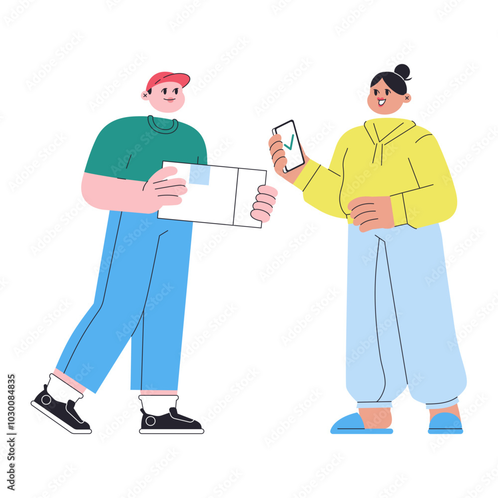 woman receiving order by delivery woman receiving order by delivery