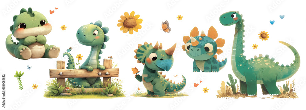 Fototapeta premium Set of 5 Baby dinosaur on a white isolated background. Cute little dragon. Watercolor illustration.