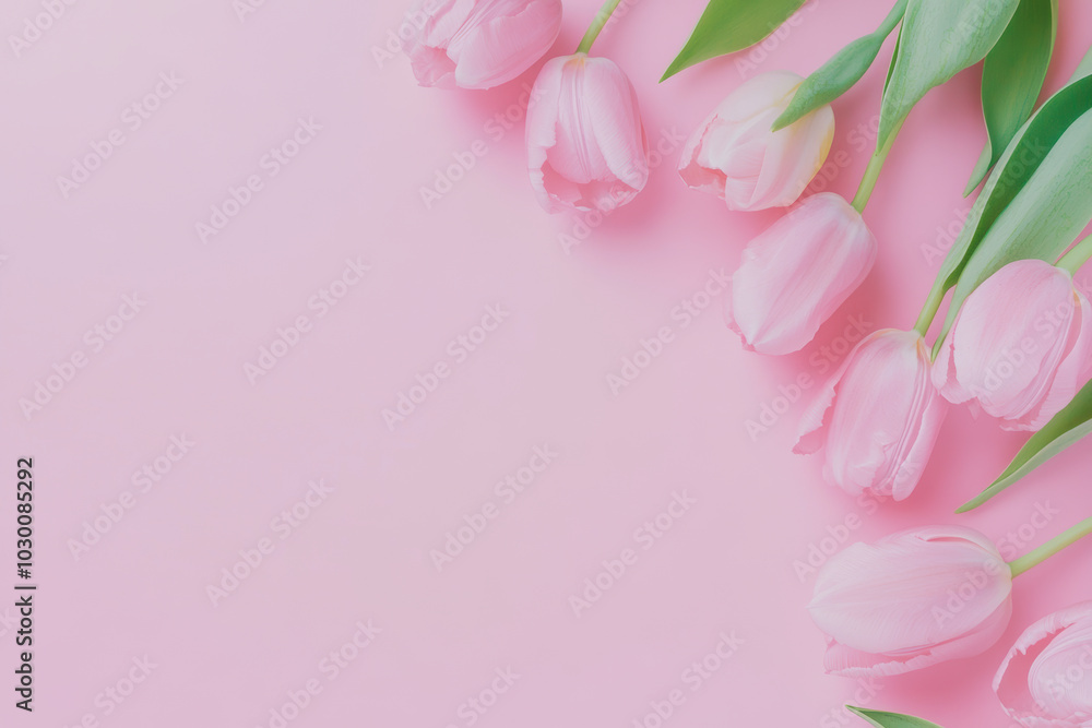 Pink tulips on a pastel background with soft light and green leaves Pink tulips on a pastel background with soft light and green leaves