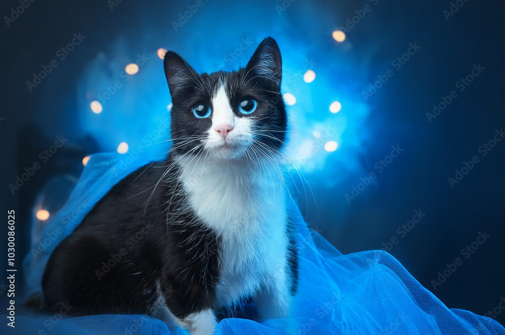 Eine schwarz weisse Katze vor blauem Hintergrund