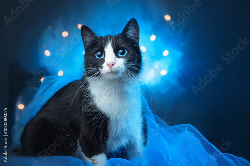 Obraz na płótnie Eine schwarz weisse Katze vor blauem Hintergrund w salonie