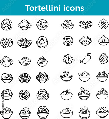 Tortellini icons line Italian stuffed pasta ring vector traditional food cheese meat filling cuisine illustration set