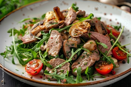 Veal and porcini salad. Warm salat with mushrooms in cream sauce, roasted meat beef fillet, cherry