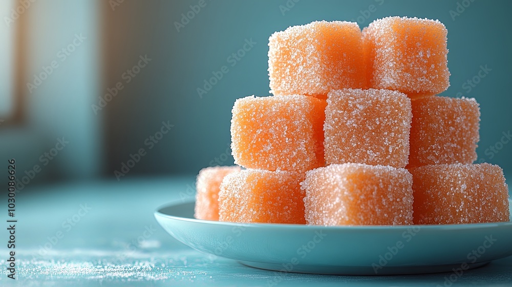 Ripe Mango Cubes on Calming Turquoise Plate Ripe Mango Cubes on Calming Turquoise Plate