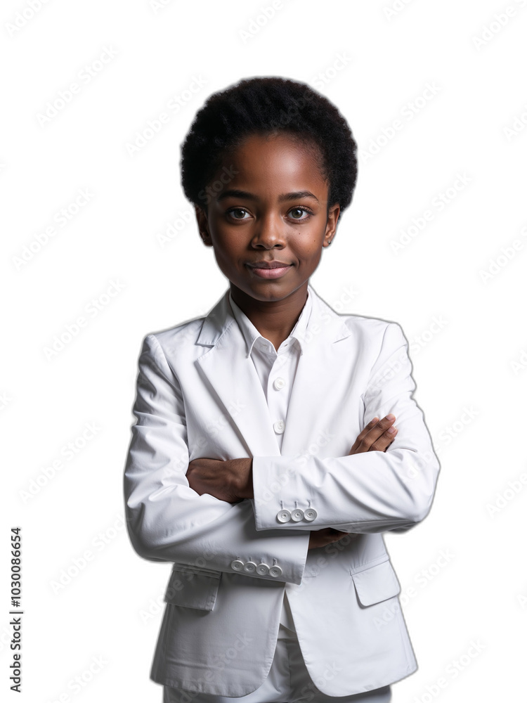 アフロの子供ビジネスウーマンがスーツ姿で真剣な表情を見せる。PNG, 生成AI