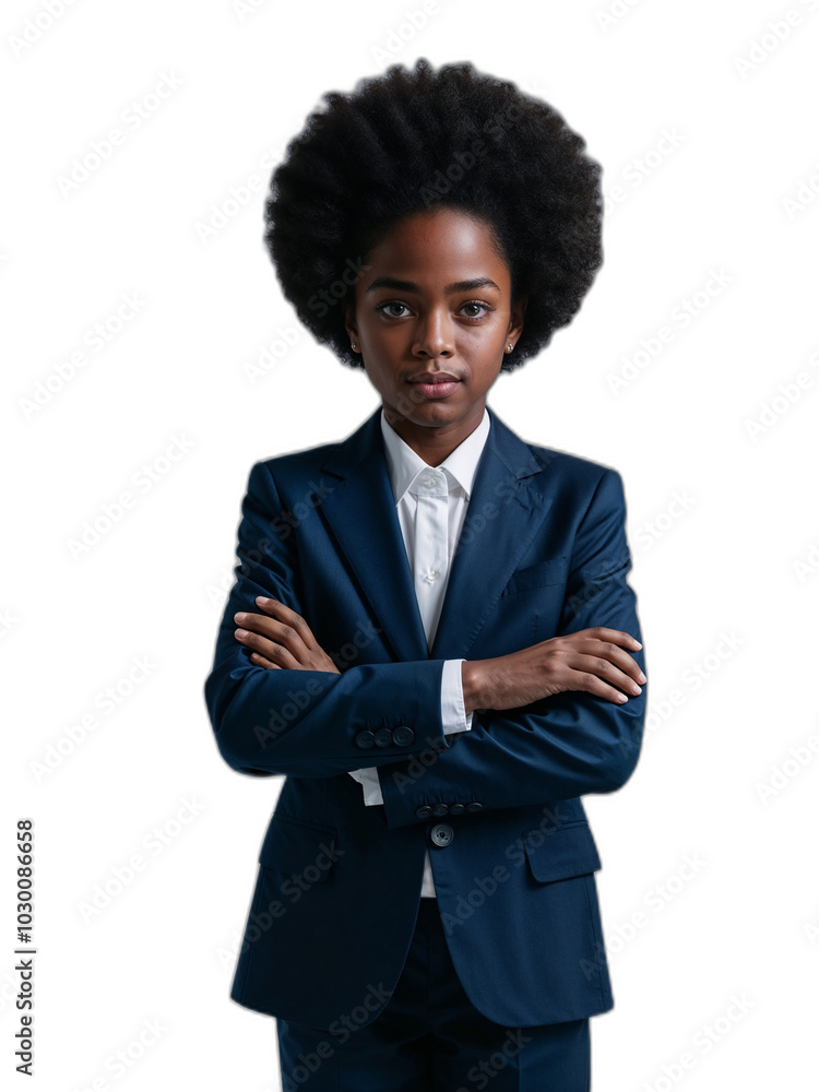 アフロヘアの子供ビジネスウーマンがスーツを着て腕を組む真剣な表情。PNG, 生成AI アフロヘアの子供ビジネスウーマンがスーツを着て腕を組む真剣な表情。PNG, 生成AI