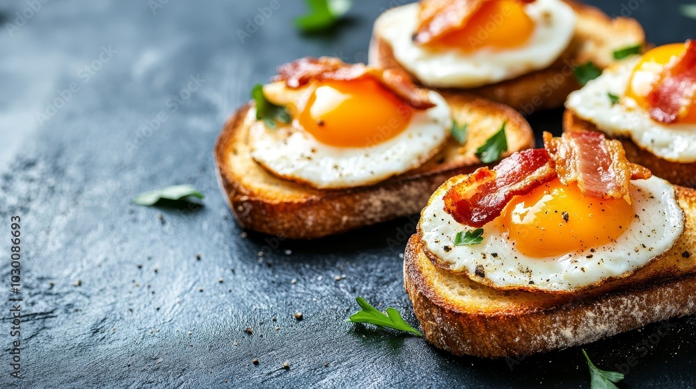 Close Up Of Toasts With Fried Egg, Crispy Bacon And Parsley On Black Background, 97 Characters Close Up Of Toasts With Fried Egg, Crispy Bacon And Parsley On Black Background, 97 Characters
