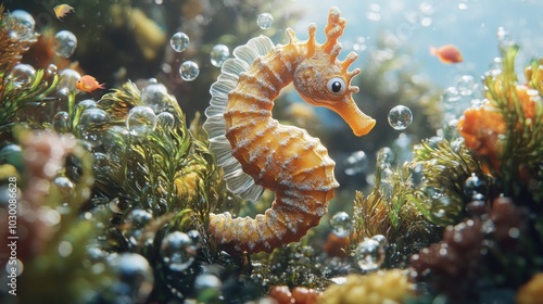 A yellow seahorse swims through a vibrant coral reef, surrounded by bubbles and other marine life.