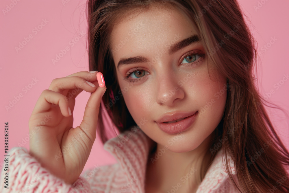 Beautiful woman face with collagen pill, dietary supplements in hands, capsules banner, mineral pills Beautiful woman face with collagen pill, dietary supplements in hands, capsules banner, mineral pills